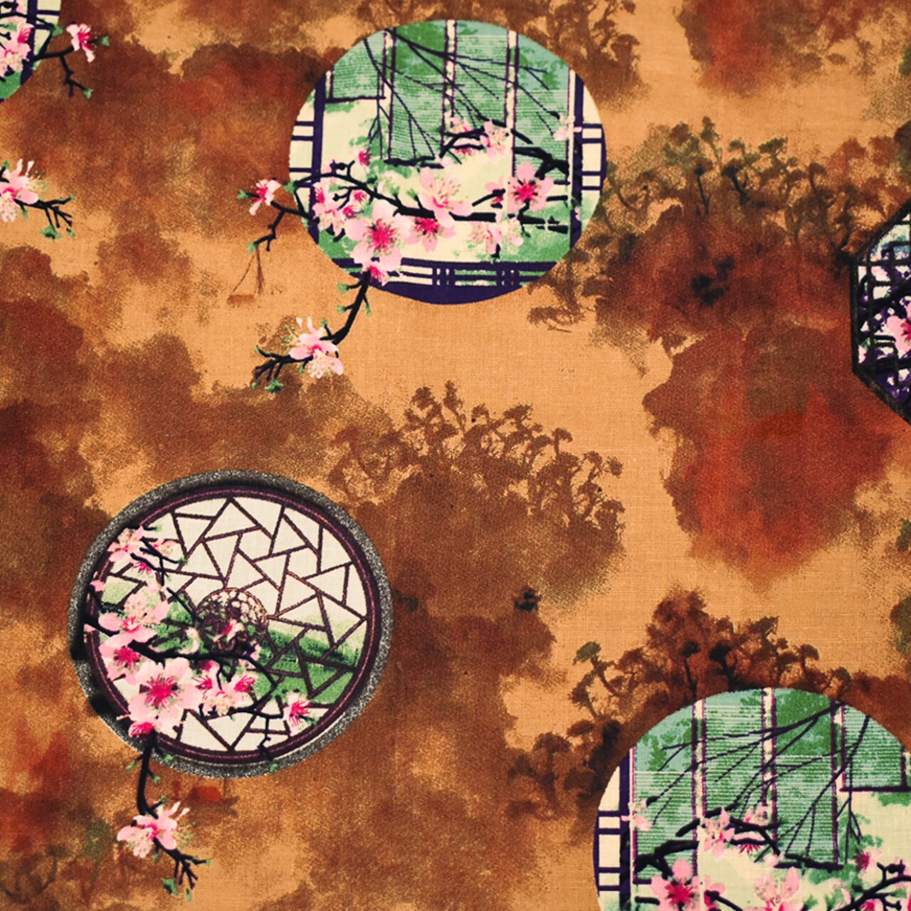 Brown-Mint Green-Multi Cherry Blossom Window Printed Linen Woven Fabric By the Yard